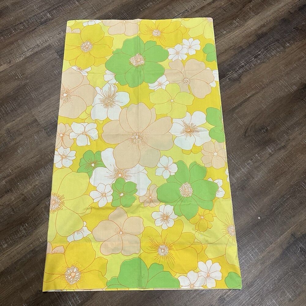 Vtg Springmaid Single Pillowcase Retro 70s Floral Green Yellow‎ Kodel 33x19.5”